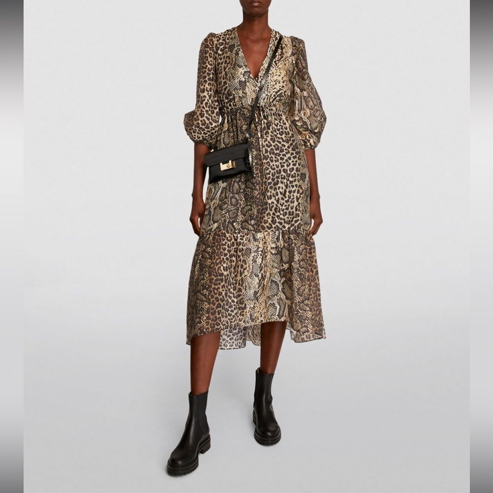New All Saints Rosia Noche Animal Print Chiffon Ballon Sleeves Midi Dress 4
